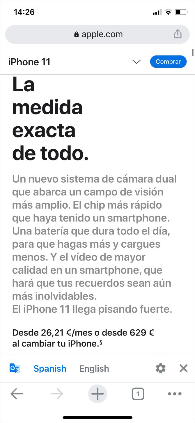 Chrome website in Spanish with translation option
