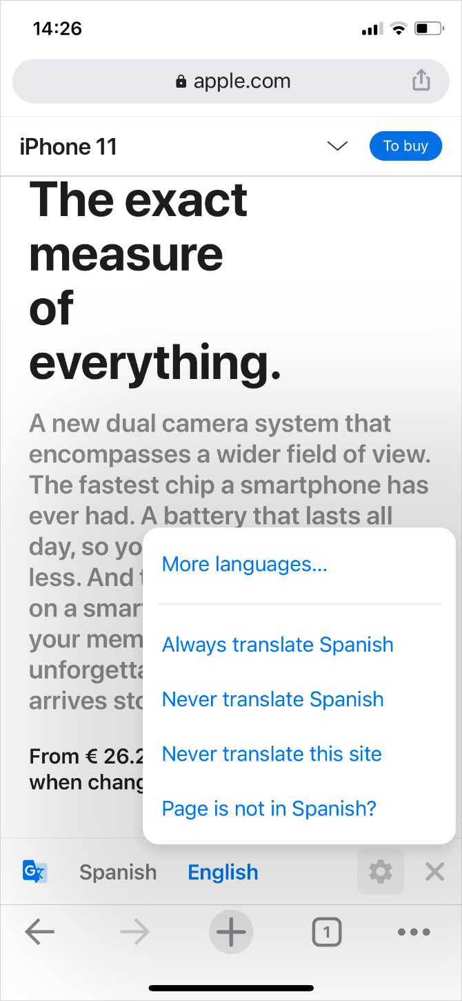 Chrome website translation settings on iPhone