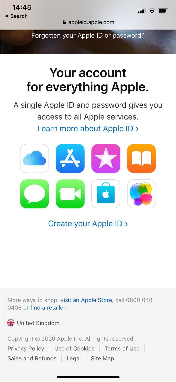 Create Your Apple ID button from Apple ID website