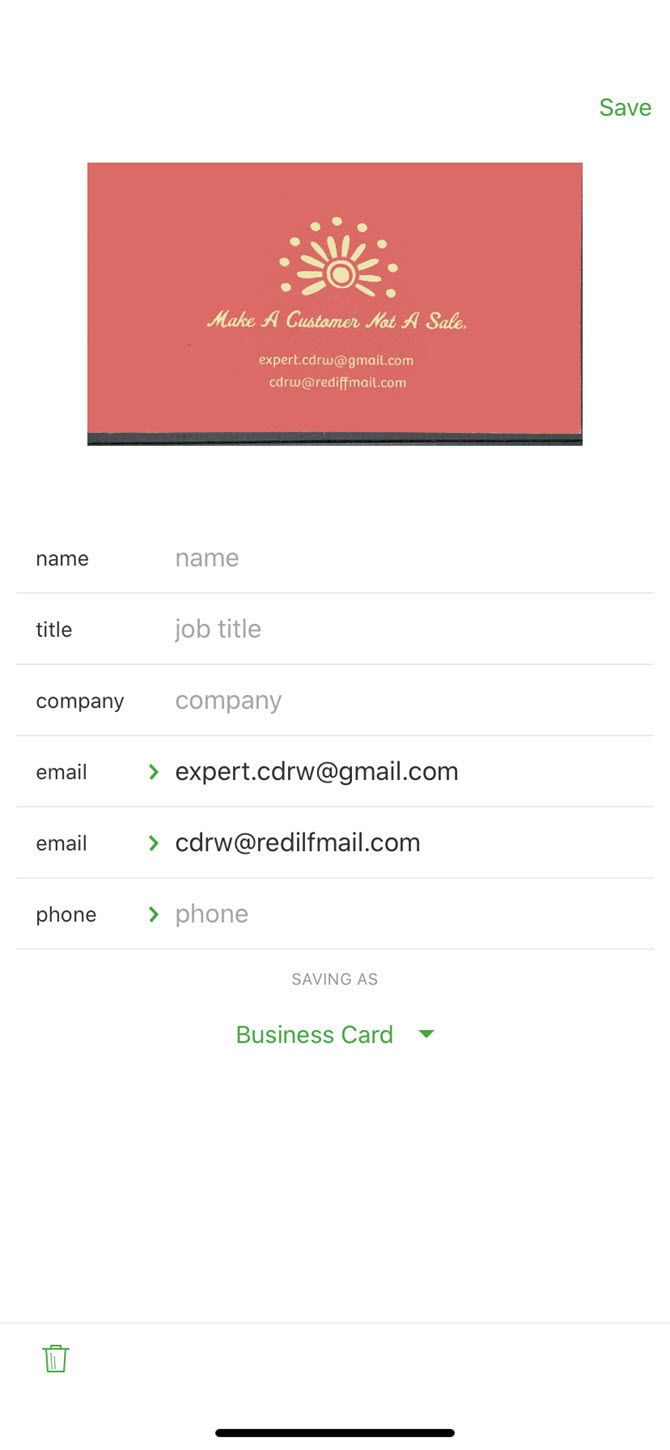 Evernote business card saved in a note