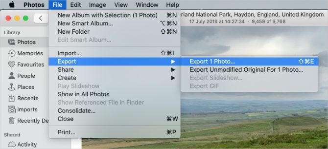 Export Photo option in Photos on Mac