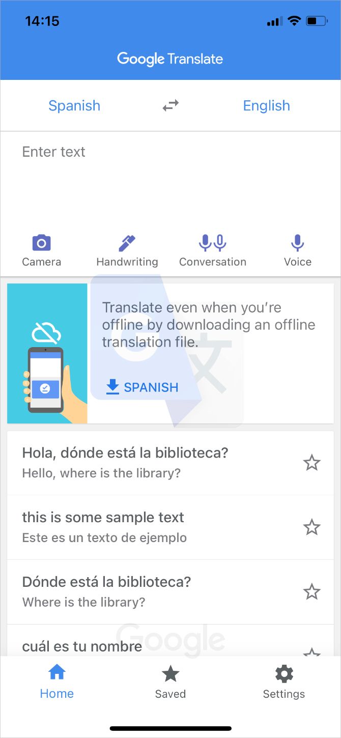 Google Translate home page on iPhone