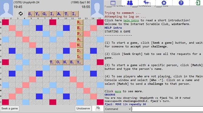 Internet Scrabble Club gameplay