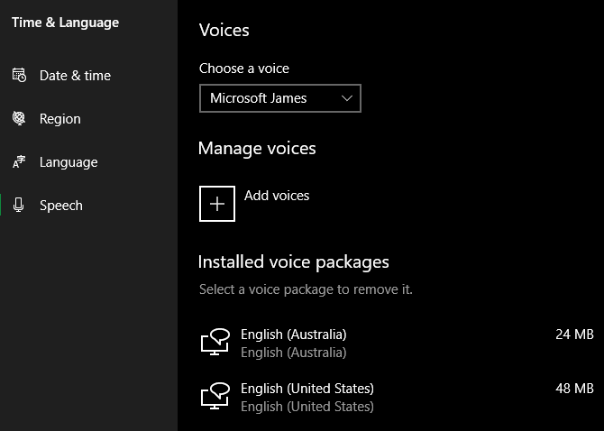 Manage Voices Windows 10