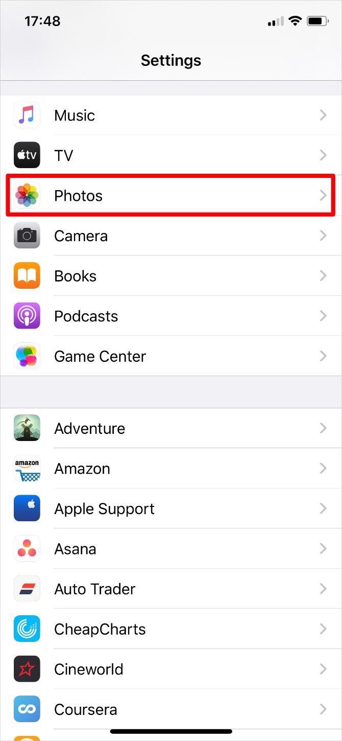 Photos option in iPhone Settings