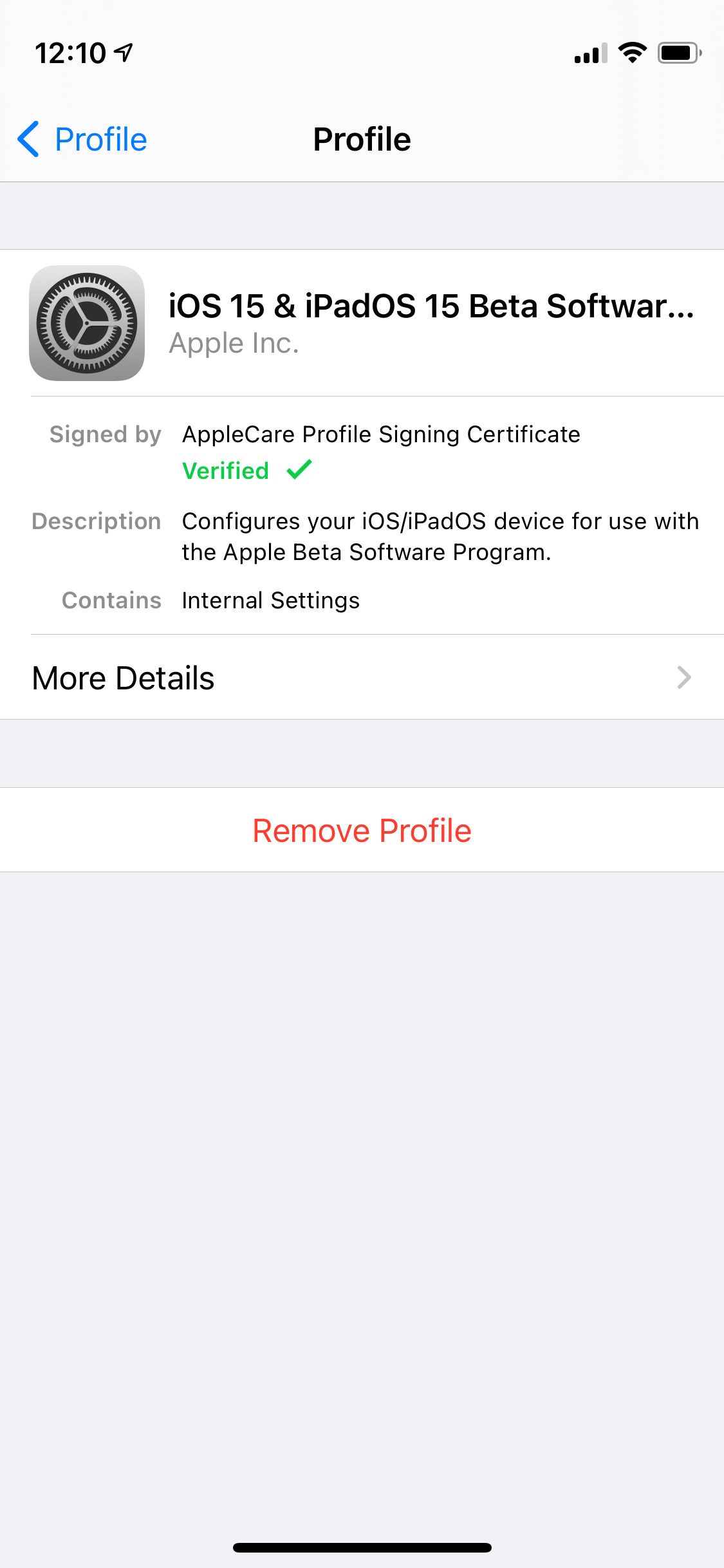 ios 12 beta profile not showing in settings