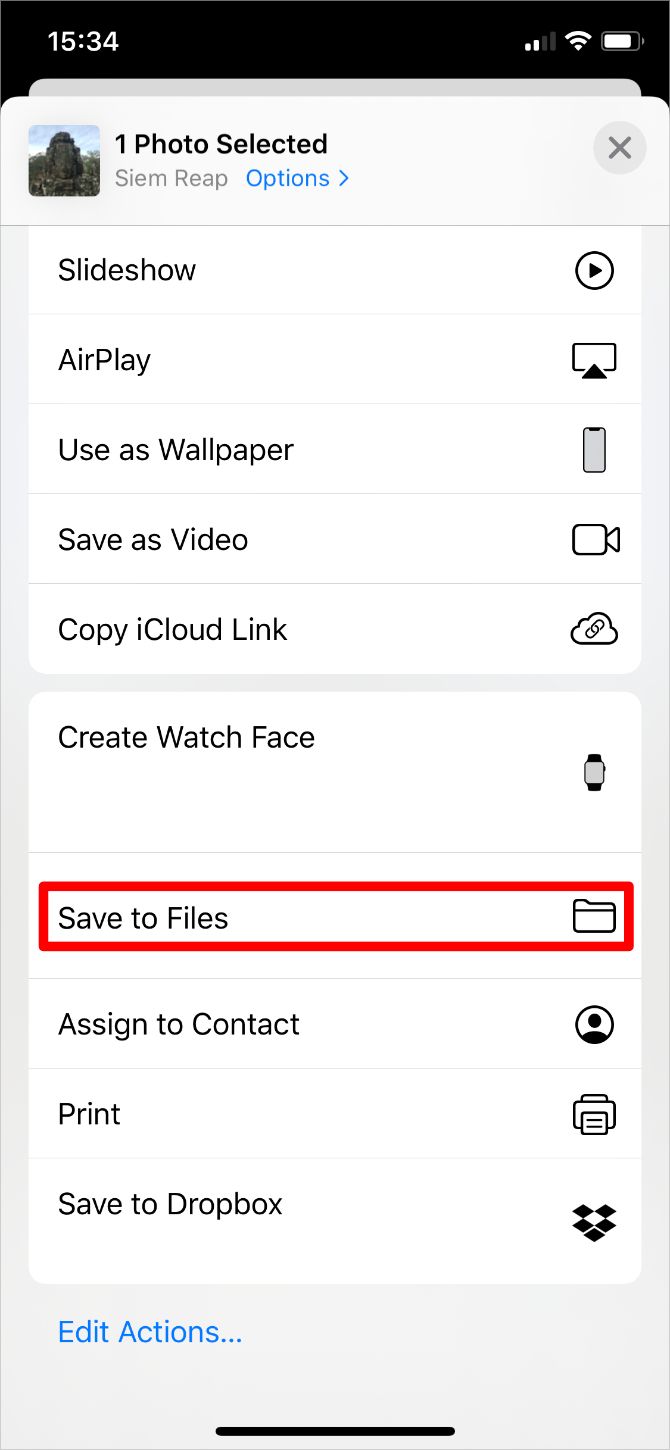 Save to Files button in Photos app on iPhone