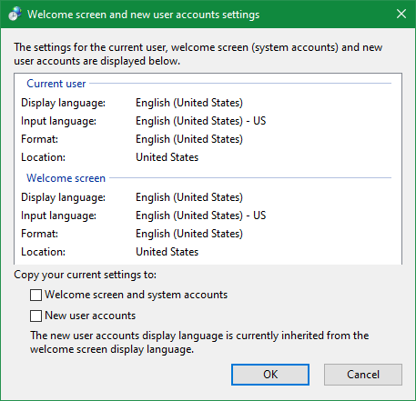 Windows New User Account Language Options