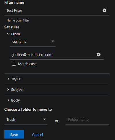 Yahoo Filter muligheder