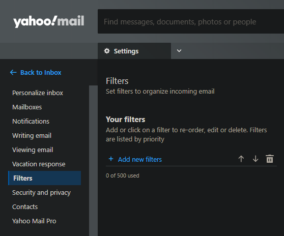 Yahoo Mail nowy filtr
