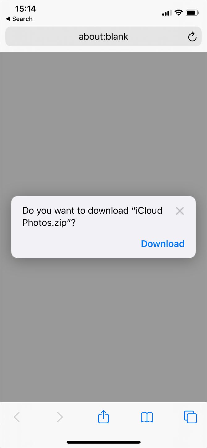Zip folder iCloud Photos download button in Safar on iPhone