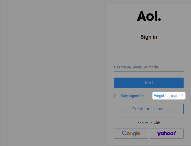 aol login window forgot username