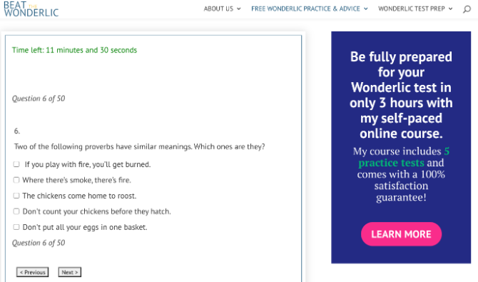 Beat The Wonderlic offers a free timed online wonderlic test to test your problem solving skills