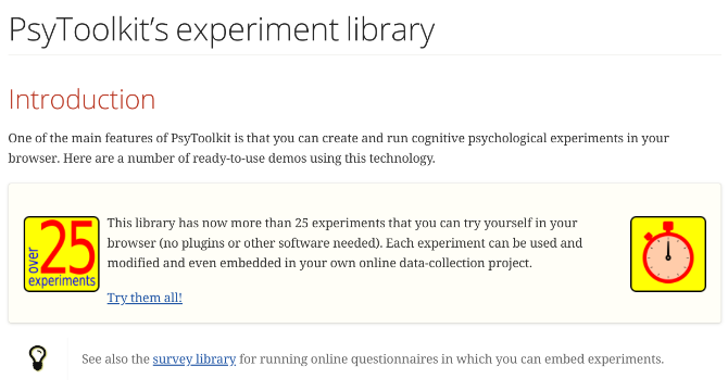 PsyToolkit hosts 25 free cognitive tests and psychological experiments online