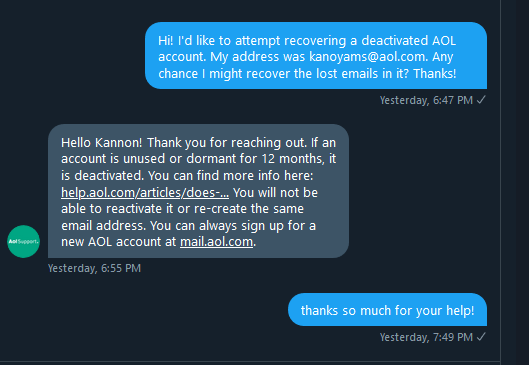 conversation with aol customer support