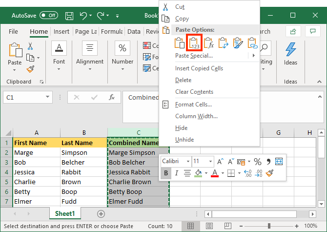 excel combined cell paste
