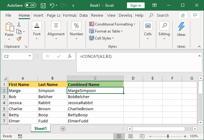 Excel kombinierte Zellen CONCAT