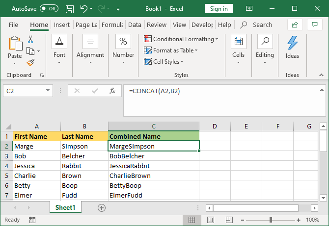 excel połączone komórki CONCAT