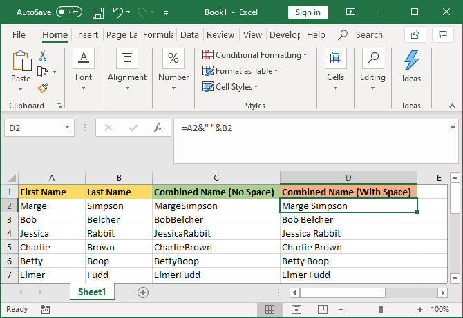 Excel kombinierte Zellen mit Leerzeichen