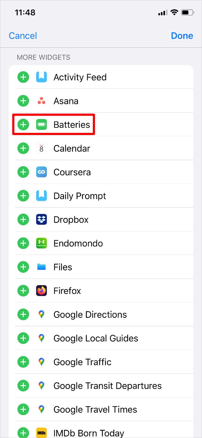 iPhone Add Widgets Page highlighting Batteries