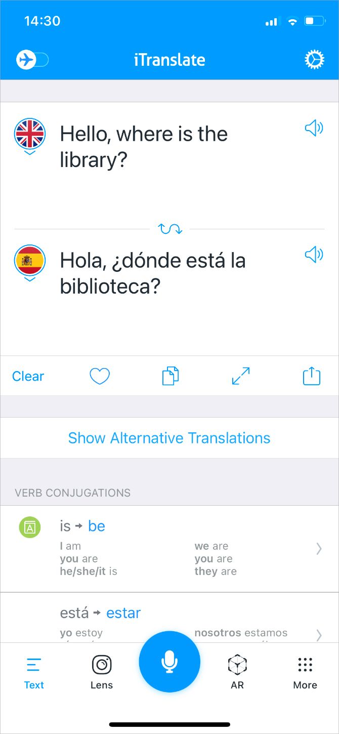 iTranslate translation screen on iPhone