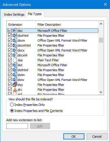 indexing advanced options file type