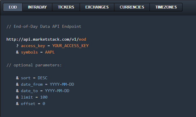End of Day market API endpoint