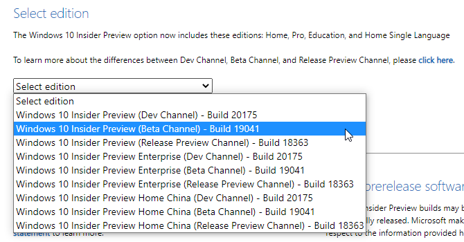 select windows insider iso version
