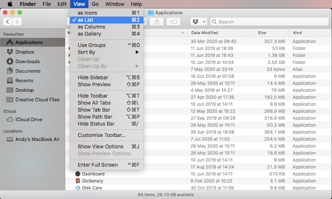 view apps as list mac