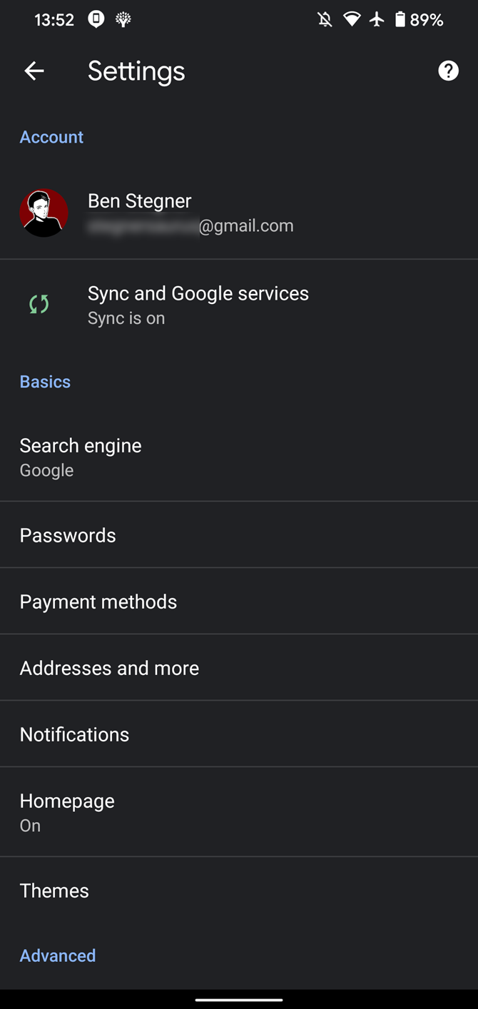 Chrome Android Settings