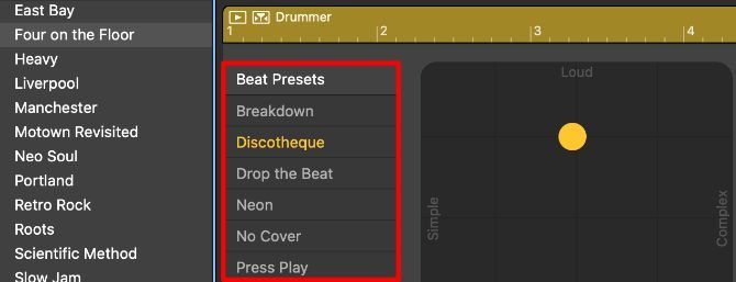 Beat Presets in the Drummer Editor Window