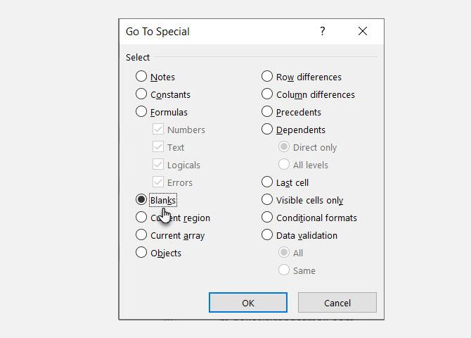 Select the radio button for Blanks in the Go To Special dialog box