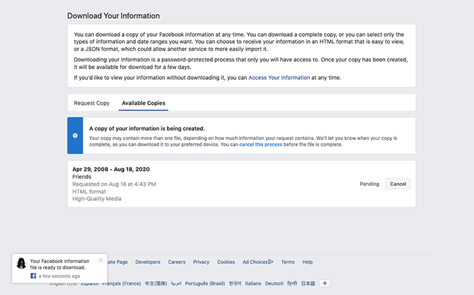 facebook available information copies