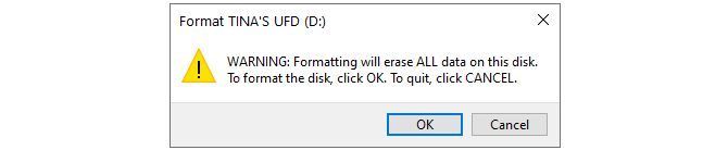 This menu warns the user that formatting will erase all data on the drive.