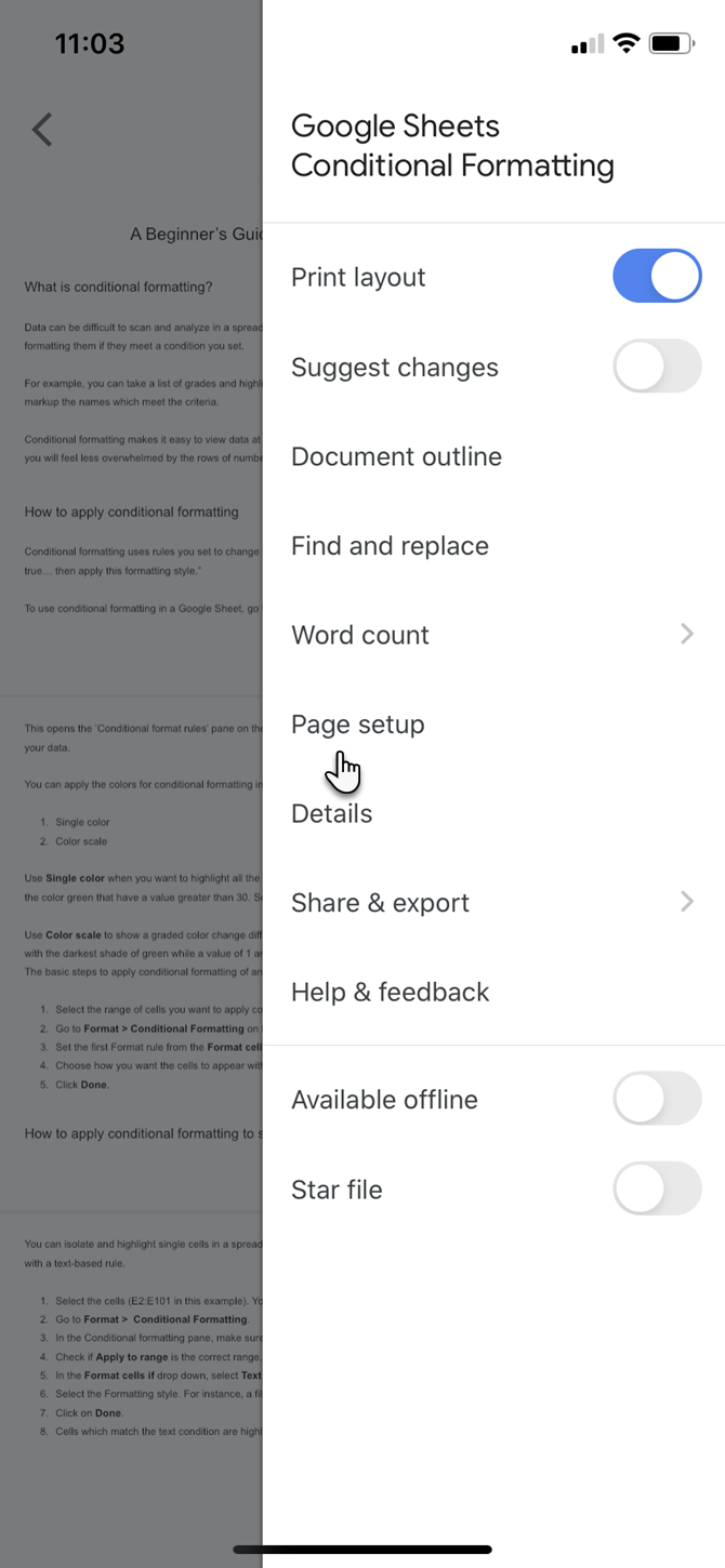 Page orientation in Google Docs mobile app