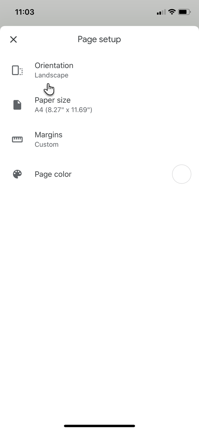 Page orientation in Google Docs mobile app