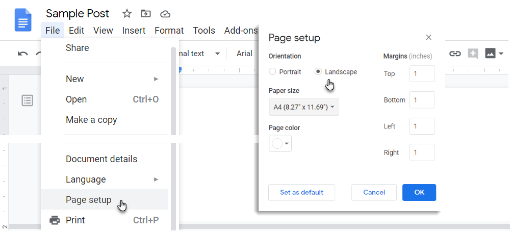 Google Docs Page Orientation Landscape mode