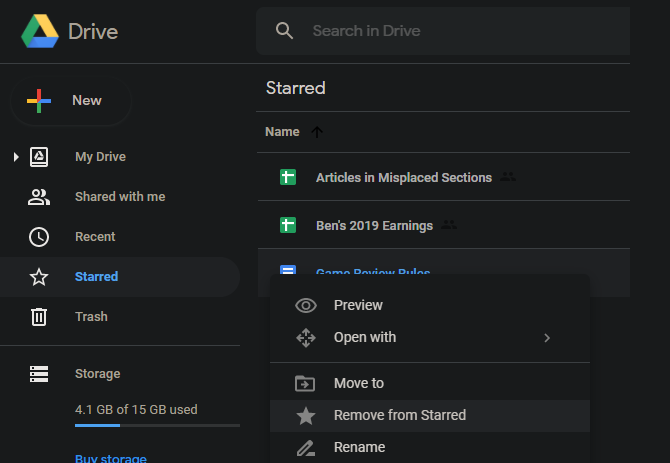 Google Drive Starred Menu