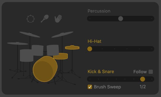 Kick &amp; Snare pattern variation showing half-time and Brush Sweep options