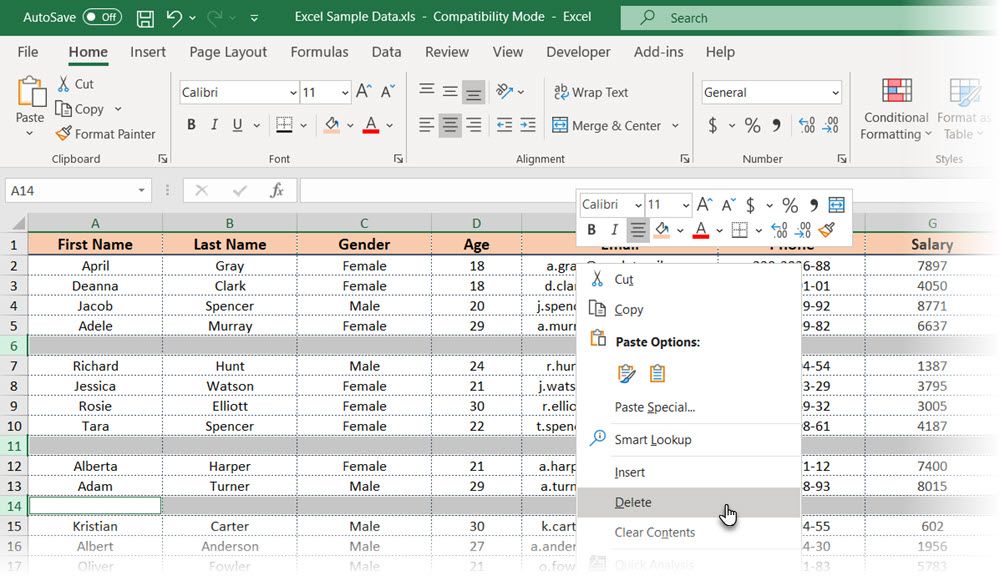 remove single blank rows manually in Excel