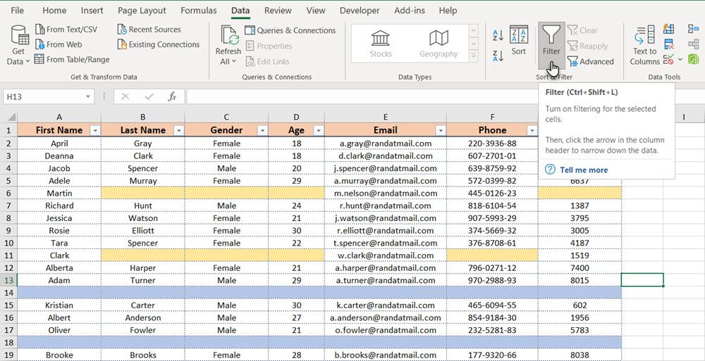 Clicking the Filter button to remove blank cells