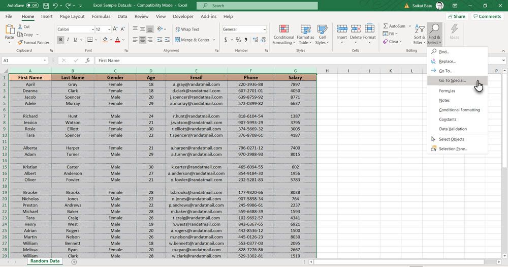 Using Go To Command in Excel to remove blank rows