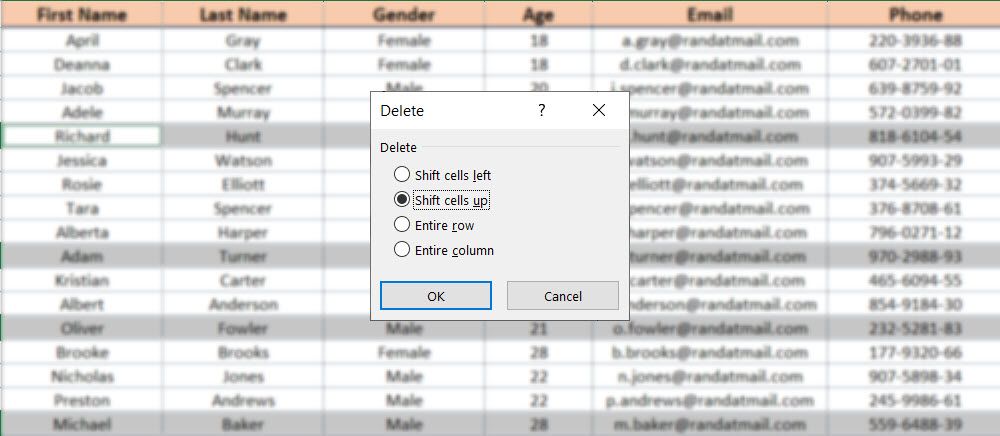 Shift cells up in Excel when you delete blank rows