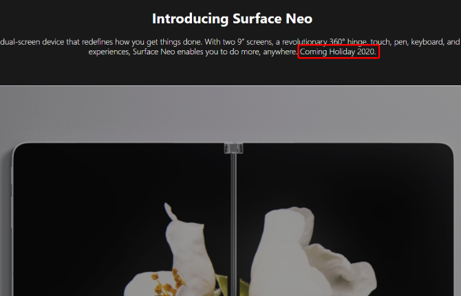 The Surface Neo product page before the delay