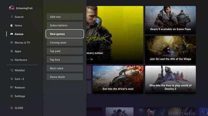 The navigation menu for the new Microsoft Store on Xbox