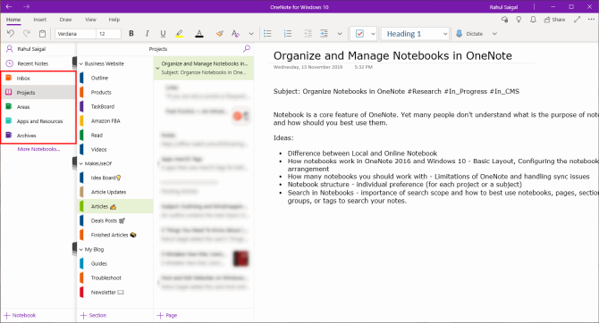 PARA system in OneNote