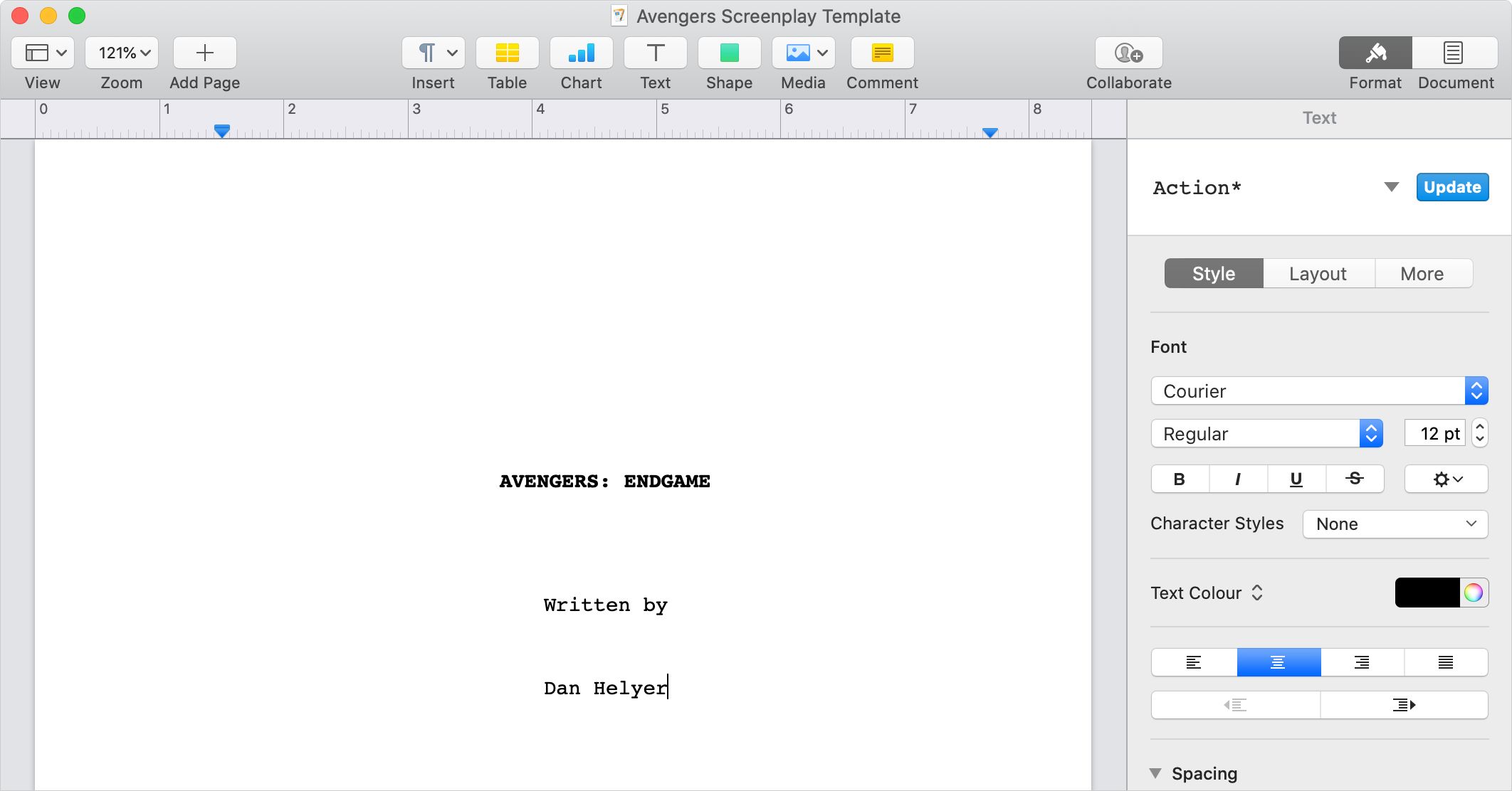 Screenplay Title Page format in Apple Pages