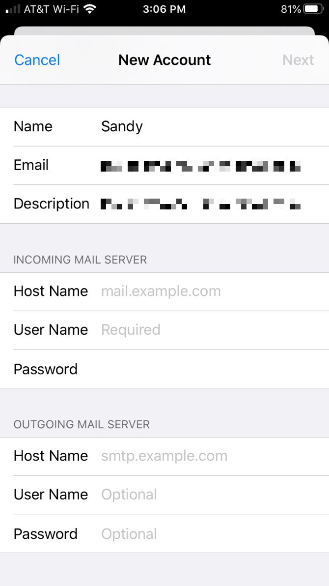 Settings Email Account Manually iPhone
