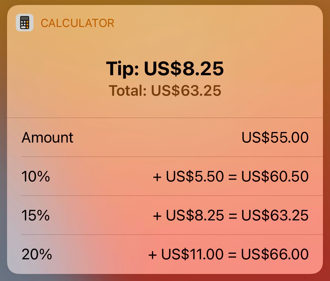 Siri calculating different tip amounts on a bill