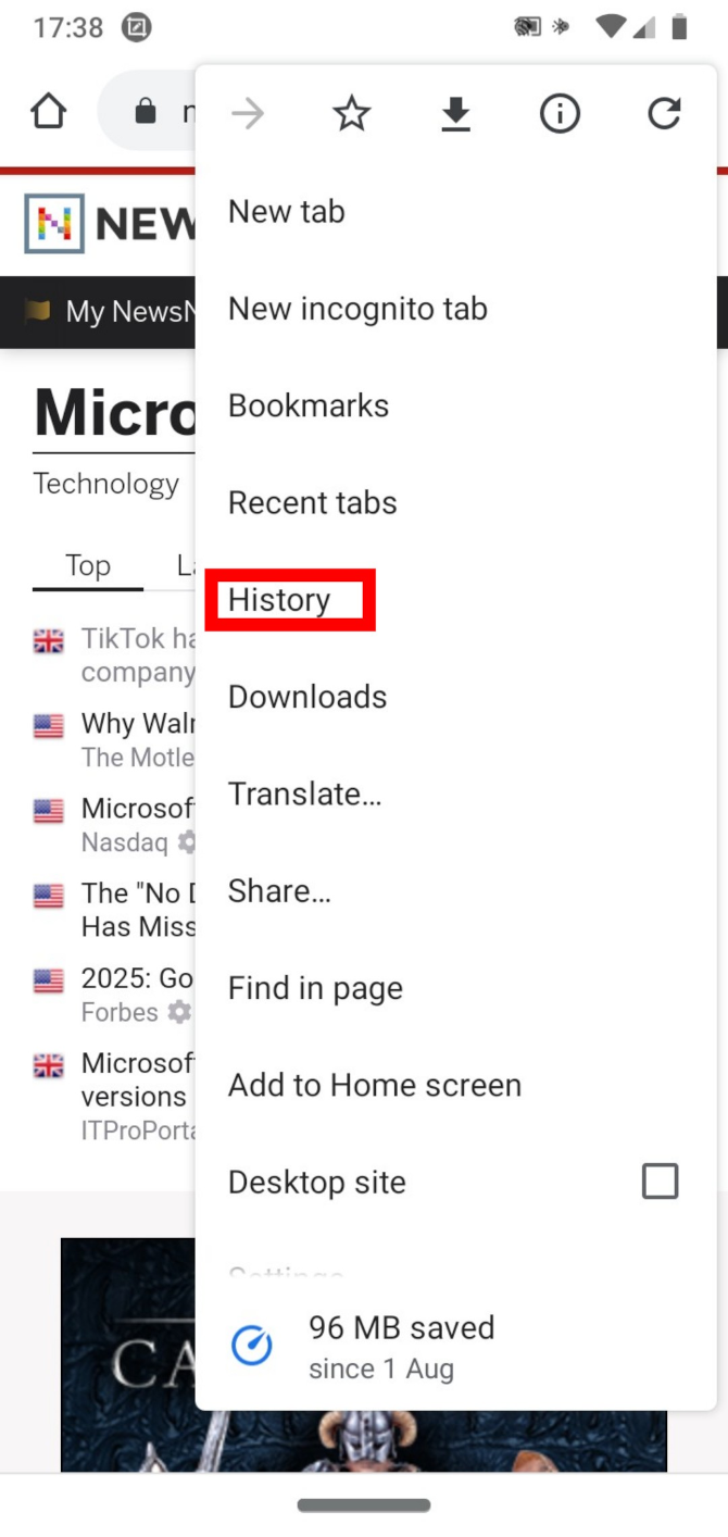 Selecting history in Chrome mobile